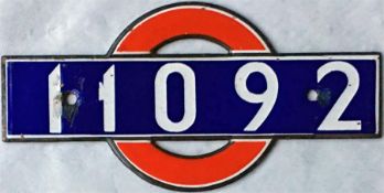 London Underground enamel STOCK-NUMBER PLATE from 1938-Tube Stock Driving Motor Car 11092. These