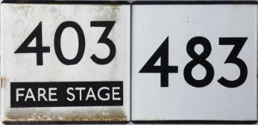 Pair of London Transport bus stop enamel E-PLATES for Chelsham garage routes 403 Fare Stage and