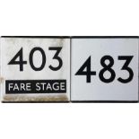 Pair of London Transport bus stop enamel E-PLATES for Chelsham garage routes 403 Fare Stage and