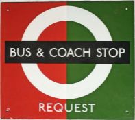 London Transport enamel BUS & COACH STOP FLAG ('Request'). A single-sided sign in a slightly smaller