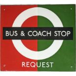 London Transport enamel BUS & COACH STOP FLAG ('Request'). A single-sided sign in a slightly smaller