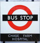 1950s/60s London Transport enamel BUS STOP SIGN ' Chase Farm Hospital' from a 'Keston' wooden bus