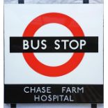 1950s/60s London Transport enamel BUS STOP SIGN ' Chase Farm Hospital' from a 'Keston' wooden bus