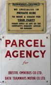 Bristol Omnibus Co & Bath Tramways Motor Co ENAMEL SIGN 'Parcel Agency', c 1950s/60s, measuring