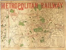 1898 Metropolitan Railway MAP mounted on hardboard. Highlights the Wembley Pleasure Grounds