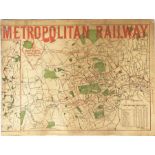 1898 Metropolitan Railway MAP mounted on hardboard. Highlights the Wembley Pleasure Grounds