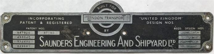 London Transport RT bus BODYBUILDER'S PLATE for Saunders Engineering and Shipyard Ltd from one of