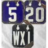 LCC/London Transport tramways enamel RUNNING NUMBER PLATES '5', '20' and 'WX1'. These were carried