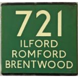 London Transport coach stop enamel E-PLATE for Green Line route 721 destinated Ilford, Romford,