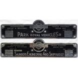 Pair of London Transport RT bus BODYBULDER'S PLATES, one for Park Royal Vehicles Ltd and one for