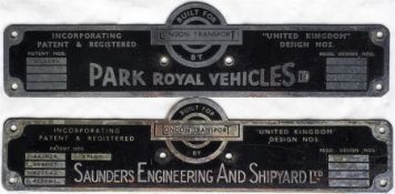 Pair of London Transport RT bus BODYBULDER'S PLATES, one for Park Royal Vehicles Ltd and one for