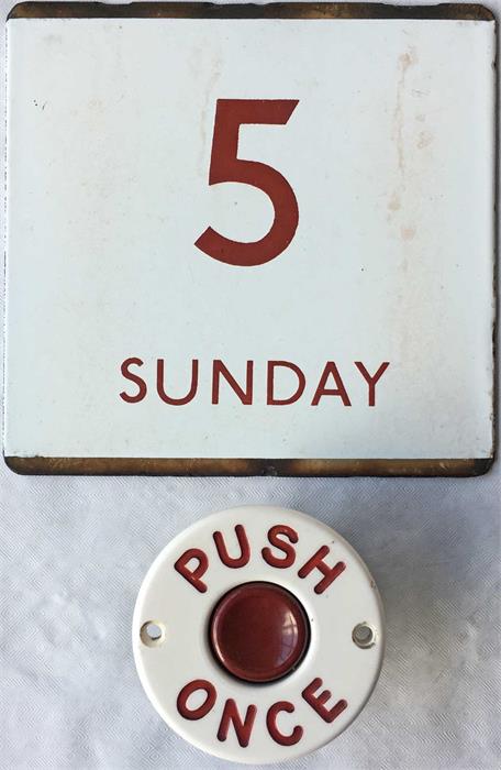 London Transport items comprising a bus stop enamel E-PLATE for route 5 Sunday with red lettering (