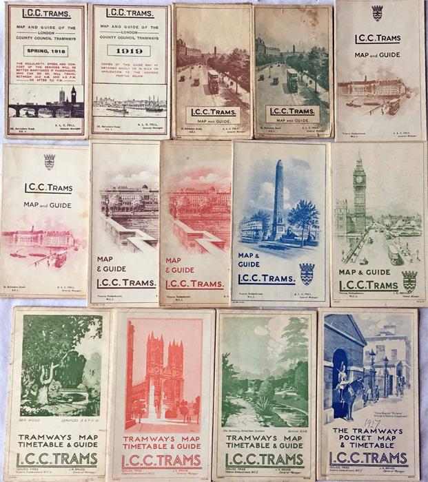 Quantity (14) of LCC Tramways POCKET MAPS dated from 1918-1927, all different. Mostly in lightly-