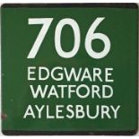 London Transport coach stop enamel E-PLATE for Green Line route 706 destinated Edgware, Watford,