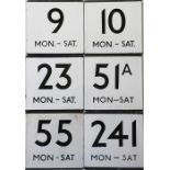 Selection of London Transport bus stop enamel E-PLATES, all designated Mon-Sat and for routes 9, 10,