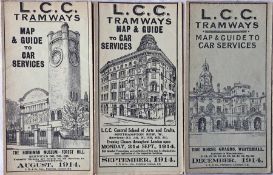 Selection of London County Council (LCC) Tramways POCKET MAPS comprising issues dated August 1914,