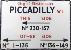 c1930s-1950s City of Westminster enamel STREET SIGN from Piccadilly, W1 with extra wording giving