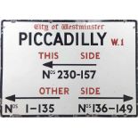 c1930s-1950s City of Westminster enamel STREET SIGN from Piccadilly, W1 with extra wording giving