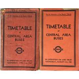 Pair of WW2 London Transport Officials' TIMETABLE BOOKLETS of Central Area Buses ('Red Books')