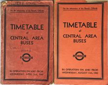 Pair of WW2 London Transport Officials' TIMETABLE BOOKLETS of Central Area Buses ('Red Books')