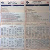 Pair of London Transport Trolleybuses single-sided paper FARECHARTS for route 555, Bloomsbury &