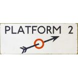 1960s London Underground ENAMEL SIGN 'Platform 2' with upward-facing arrow featuring the iconic