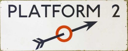 1960s London Underground ENAMEL SIGN 'Platform 2' with upward-facing arrow featuring the iconic