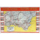 1950s/60s POSTER MAP of Western National & Southern National, 'Proprietors of Royal Blue Express