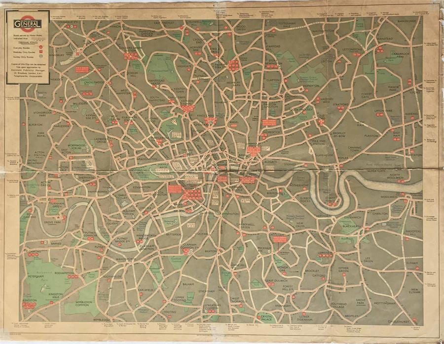 1930 London General Omnibus Co (LGOC) POSTER MAP of roads served by motor-buses. These were posted