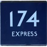 London Transport bus stop, enamel E-PLATE for route 174 Express in the special white lettering on