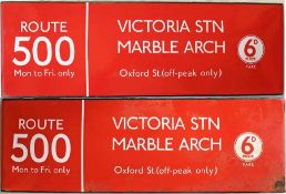 London Transport bus stop enamel EXTENSION 'BOAT' SIGN for Red Arrow route 500 between Victoria