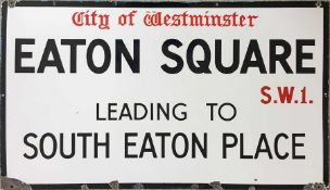 c1930s-1950s City of Westminster enamel STREET SIGN from Eaton Square, SW1 with the extra wording '