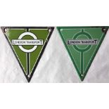 Pair of London Transport enamel bus RADIATOR TRIANGLE PLATES, two different types as used on Country