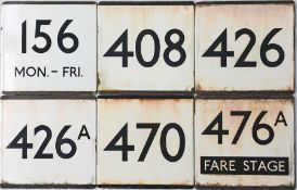 Selection of London Transport bus stop enamel E-PLATES comprising routes 156 Mon-Fri, 408, 426,