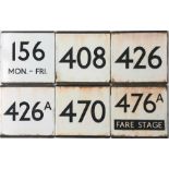 Selection of London Transport bus stop enamel E-PLATES comprising routes 156 Mon-Fri, 408, 426,