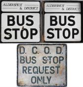 Pair of BUS STOP FLAGS, the first a double-sided, fully-flanged enamel example from Aldershot &