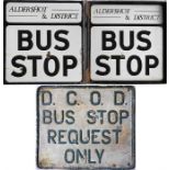 Pair of BUS STOP FLAGS, the first a double-sided, fully-flanged enamel example from Aldershot &