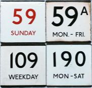 Selection of London Transport bus stop enamel E-PLATES from south London comprising 59 Sunday (in