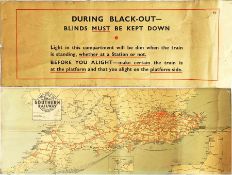 Pair of Southern Railway CARRIAGE PRINTS, the first a 'Road to Sunshine' network map, c.1930s, and