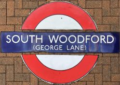 London Underground enamel PLATFORM BULLSEYE SIGN from South Woodford (George Lane) station on the