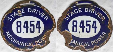 c1906 London bus driver's enamel LICENCE BADGE 'STAGE DRIVER - MECHANICAL POWER' with serial