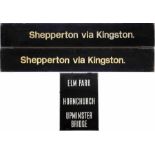 c1970s British Railways (S) PLATFORM INDICATOR BOARD 'Shepperton via Kingston', a double-sided