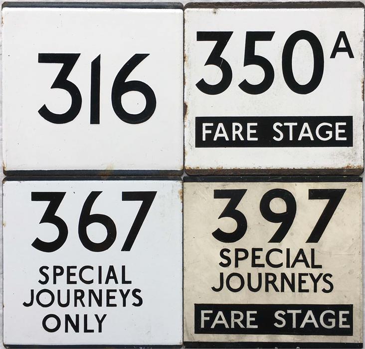 Selection of London Transport bus stop enamel E-PLATES for routes 316, 350A Fare Stage, 367