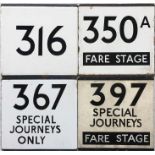 Selection of London Transport bus stop enamel E-PLATES for routes 316, 350A Fare Stage, 367