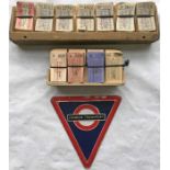 Bus conductor's wooden TICKET RACK, 14-position, with quantity of used London Transport punch