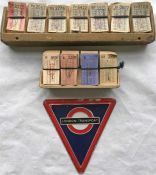 Bus conductor's wooden TICKET RACK, 14-position, with quantity of used London Transport punch