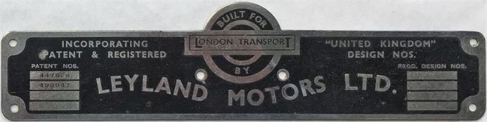 London Transport RTW-bus BODYBUILDER'S PLATE for Leyland Motors Ltd from one of the 500 RTW-type
