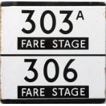 London Transport bus stop enamel E-PLATE for routes 303A and 306, both annotated 'Fare Stage'.