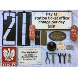 Box of mixed RAILWAYANA incl Polish Railways cast-iron sign, Austrian Railways carriage plate, BR