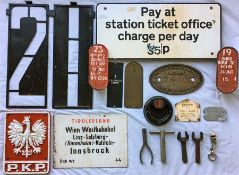 Box of mixed RAILWAYANA incl Polish Railways cast-iron sign, Austrian Railways carriage plate, BR